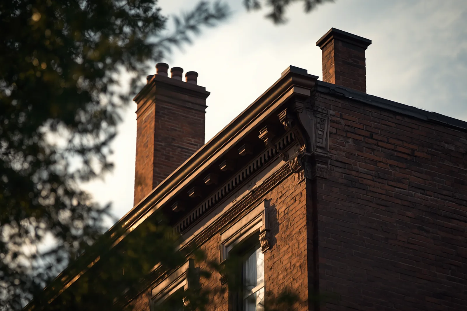 Cornice, parapet and chimney detail on a brownstone rowhouse in Bedford-Stuyvesant, Brooklyn