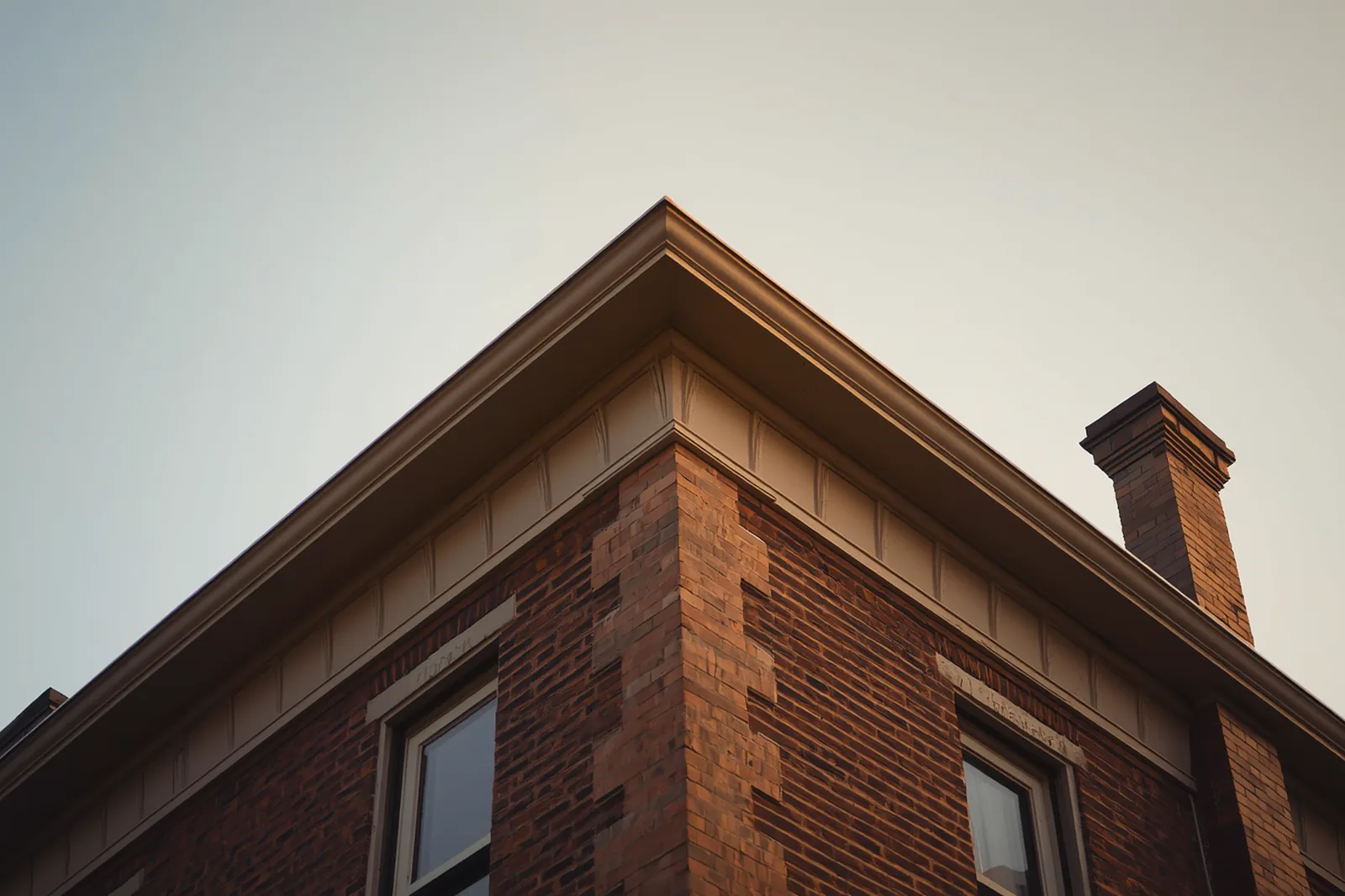 Cornice, parapet and chimney detail on a brick house in Brownsville, Brooklyn
