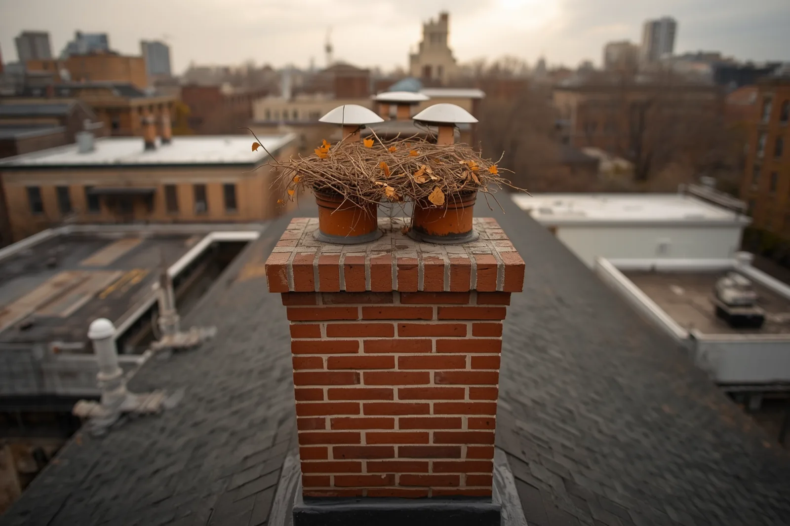 Before: chimney cap installation needed on a limestone rowhouse in Crown Heights, Brooklyn