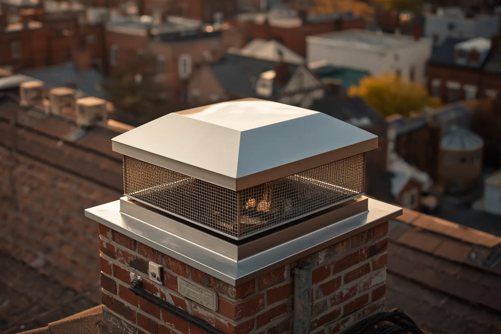 Chimney cap installation in progress on a limestone rowhouse in Crown Heights, Brooklyn