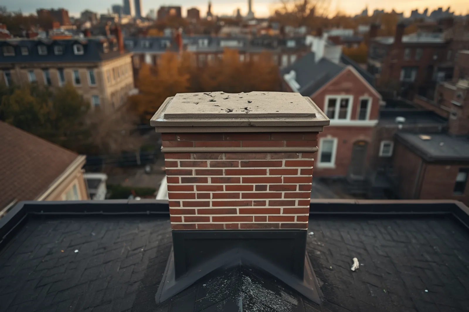 Before: chimney crown repair needed on a limestone rowhouse in Crown Heights, Brooklyn