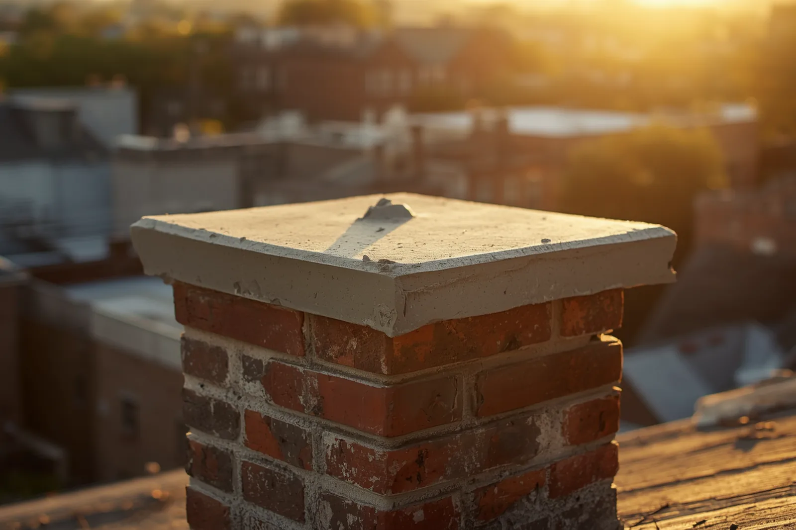 Chimney crown repair in progress on a limestone rowhouse in Crown Heights, Brooklyn