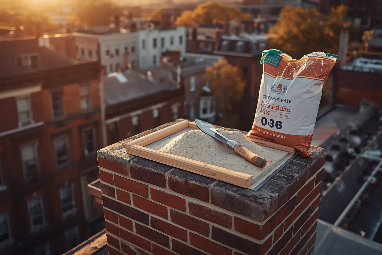 Materials and tools for chimney crown repair laid out on a Crown Heights, Brooklyn rooftop