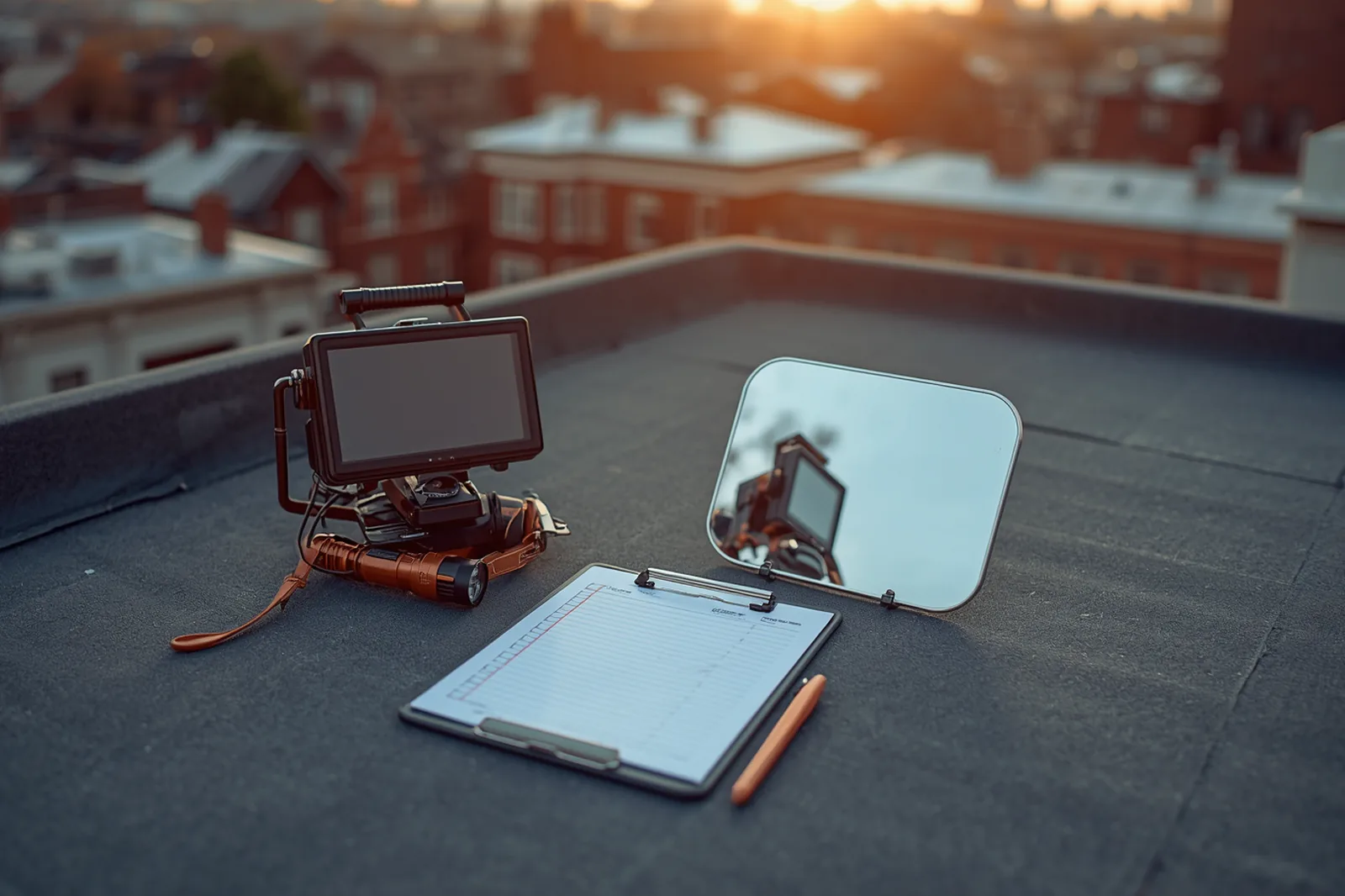 Materials and tools for chimney inspection laid out on a Crown Heights, Brooklyn rooftop