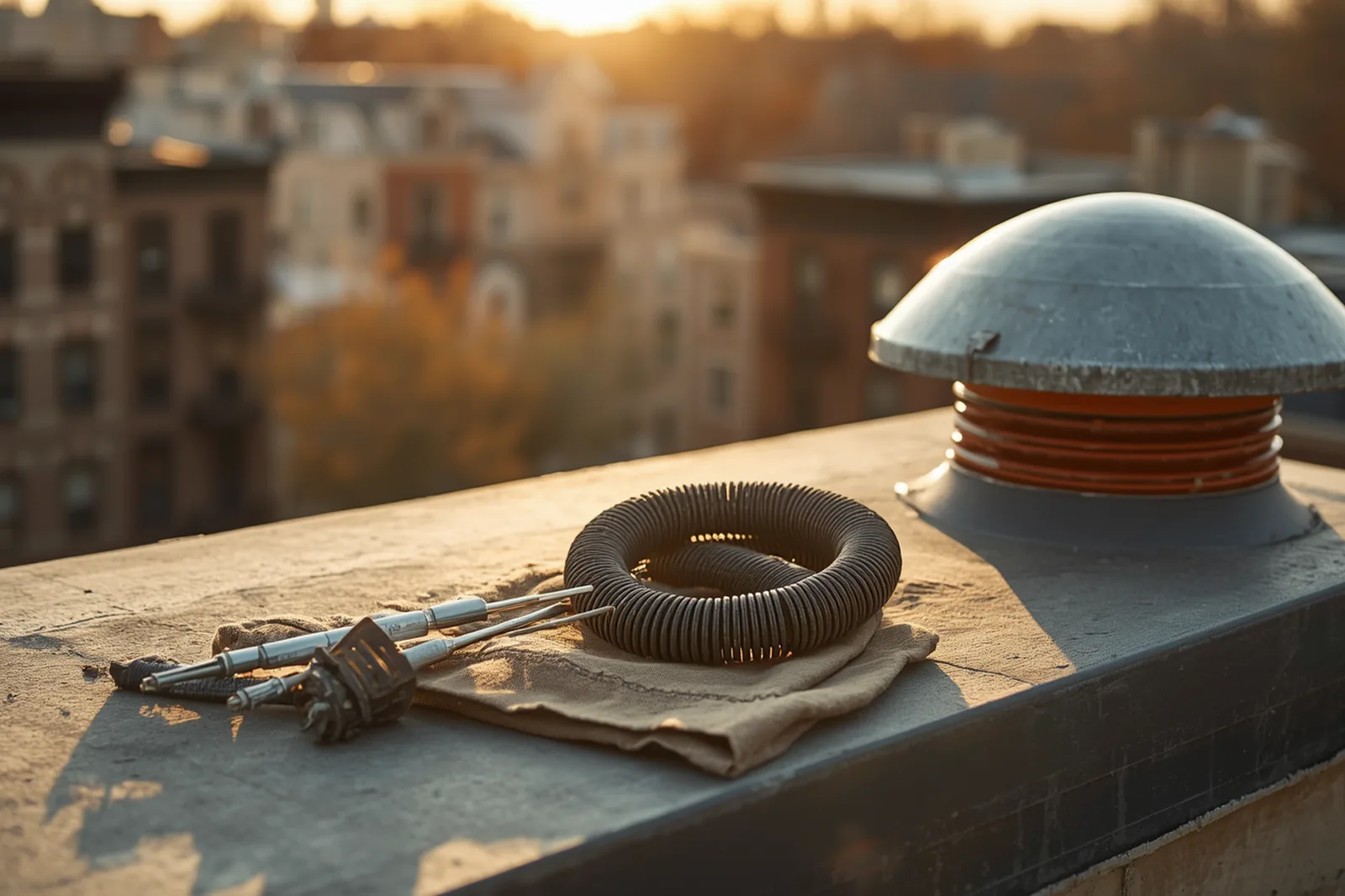 Materials and tools for chimney sweep laid out on a Crown Heights, Brooklyn rooftop