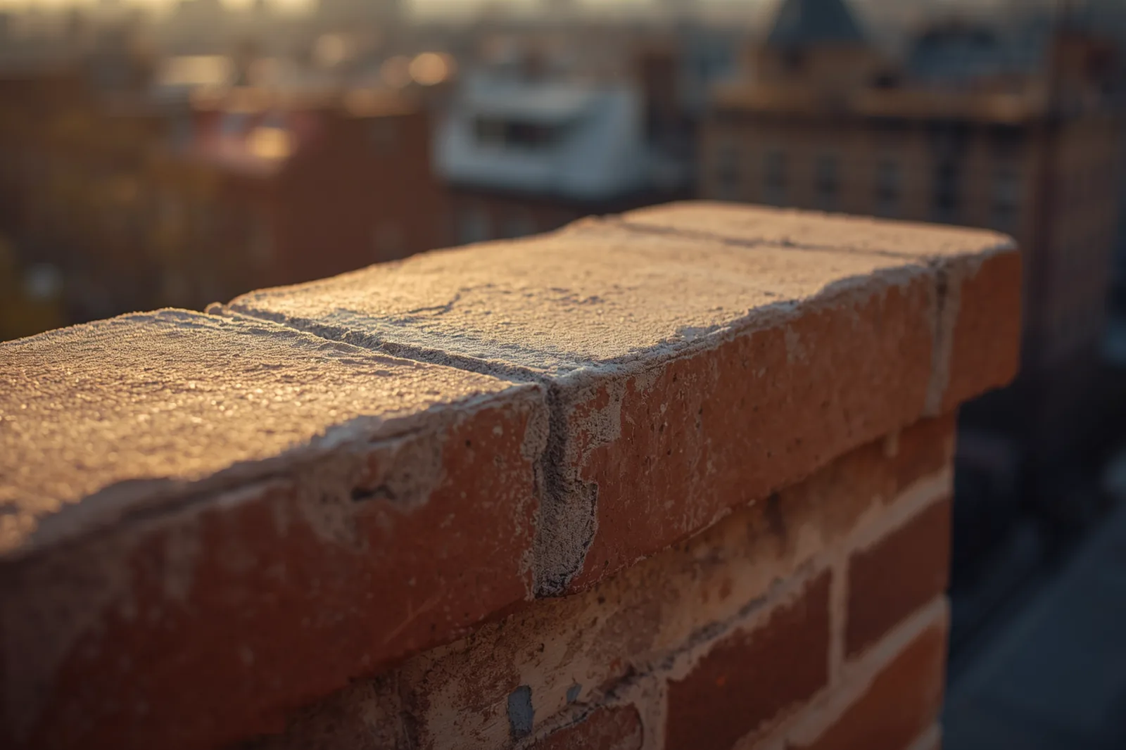 Finished chimney tuckpointing detail on a limestone rowhouse in Crown Heights, Brooklyn