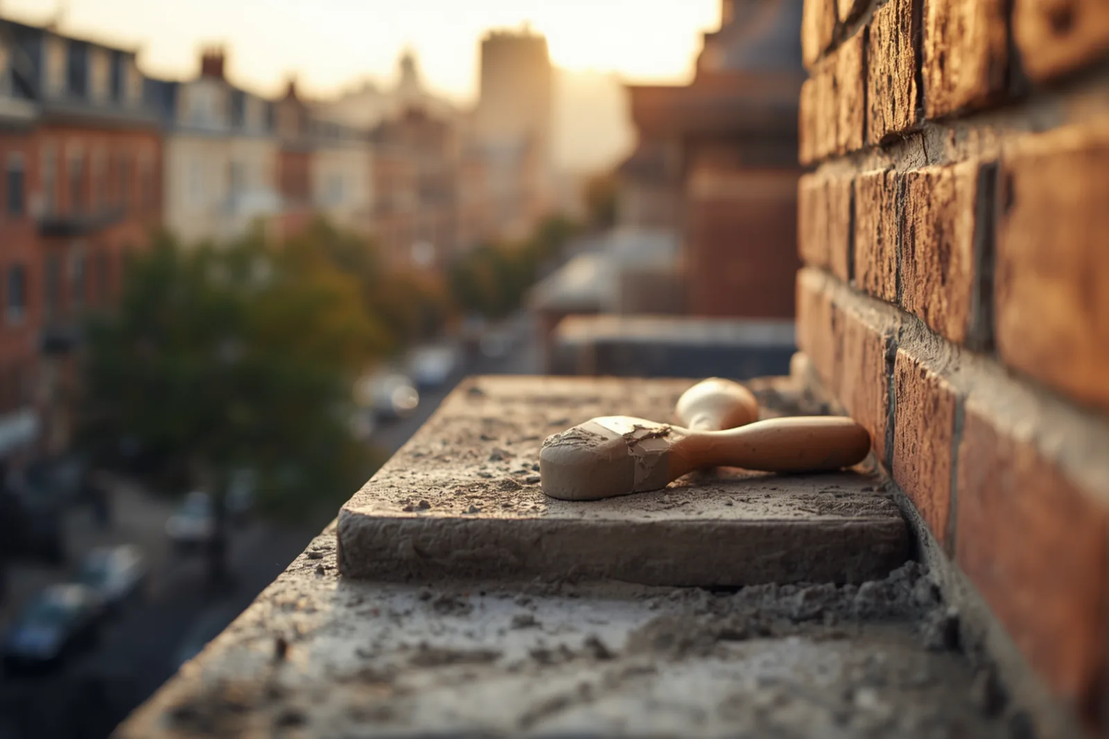 Materials and tools for chimney tuckpointing laid out on a Crown Heights, Brooklyn rooftop
