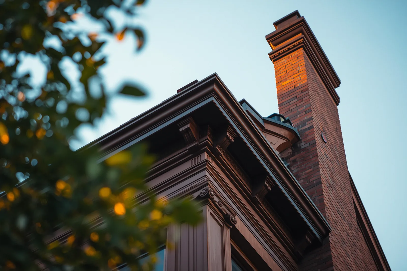 Cornice, parapet and chimney detail on a brownstone rowhouse in Clinton Hill, Brooklyn