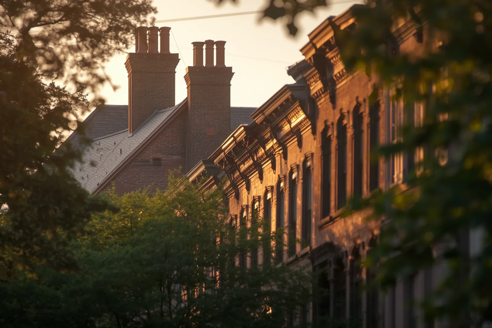 Chimney stacks and cornices above a Crown Heights brownstone row