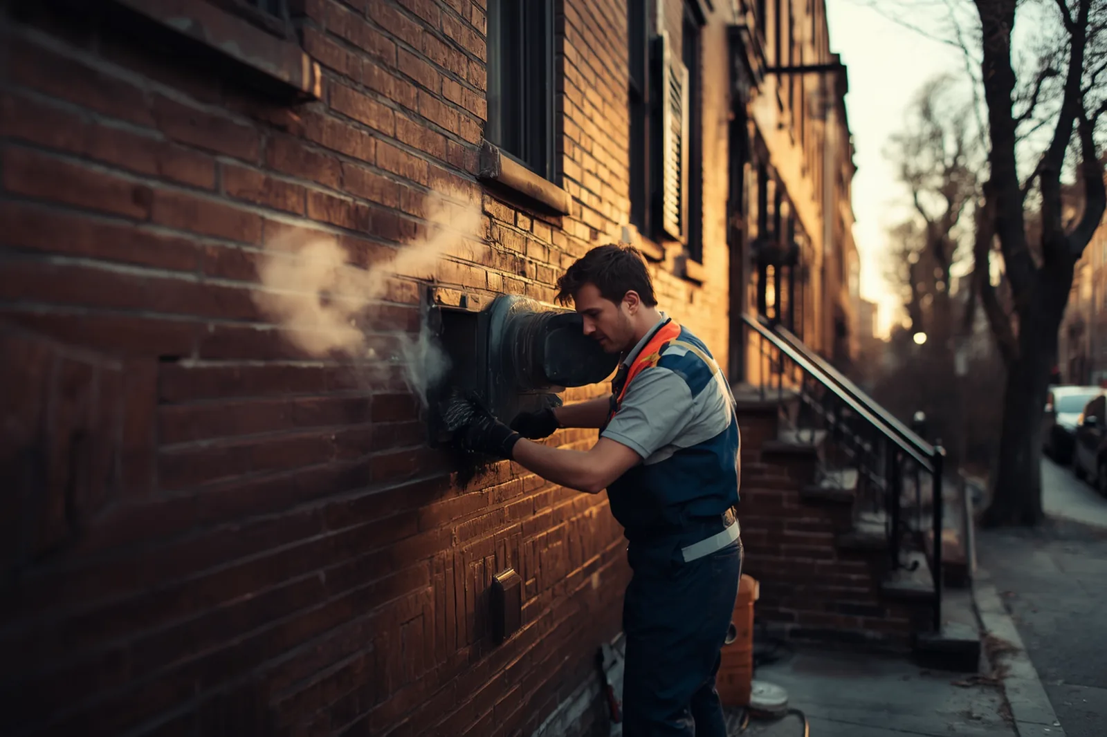 Dryer vent cleaning in progress on a limestone rowhouse in Crown Heights, Brooklyn