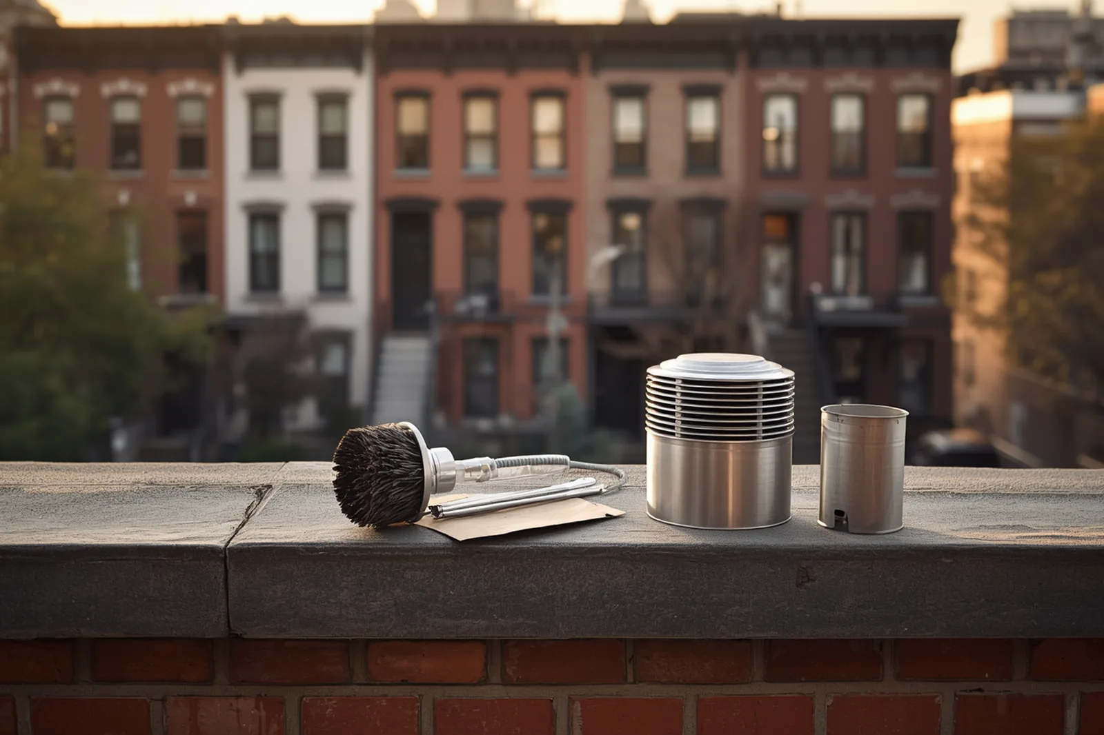 Materials and tools for dryer vent cleaning laid out on a Crown Heights, Brooklyn rooftop