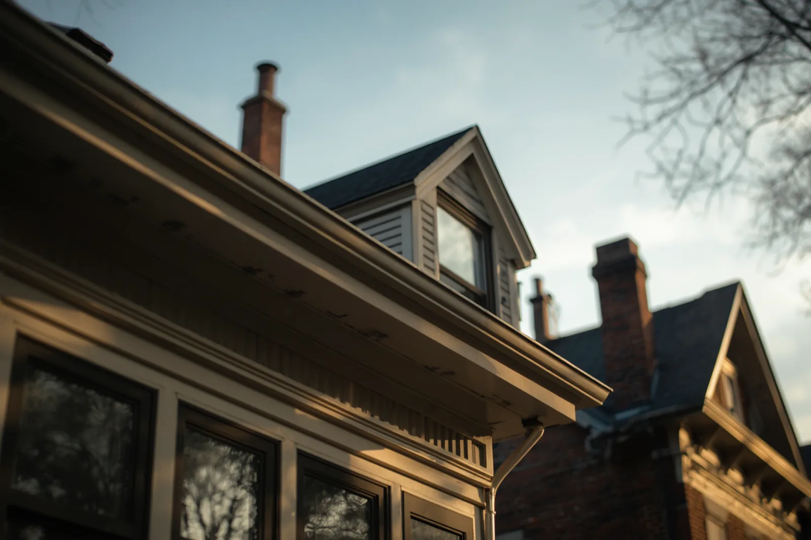 Cornice, parapet and chimney detail on a Cape Cod home in East Flatbush, Brooklyn