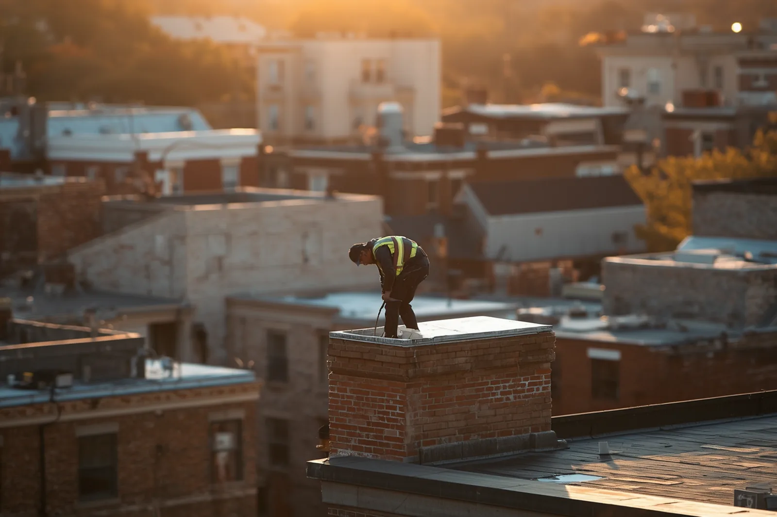 Technician inspecting a pre-war apartment building exterior in Flatbush, Brooklyn