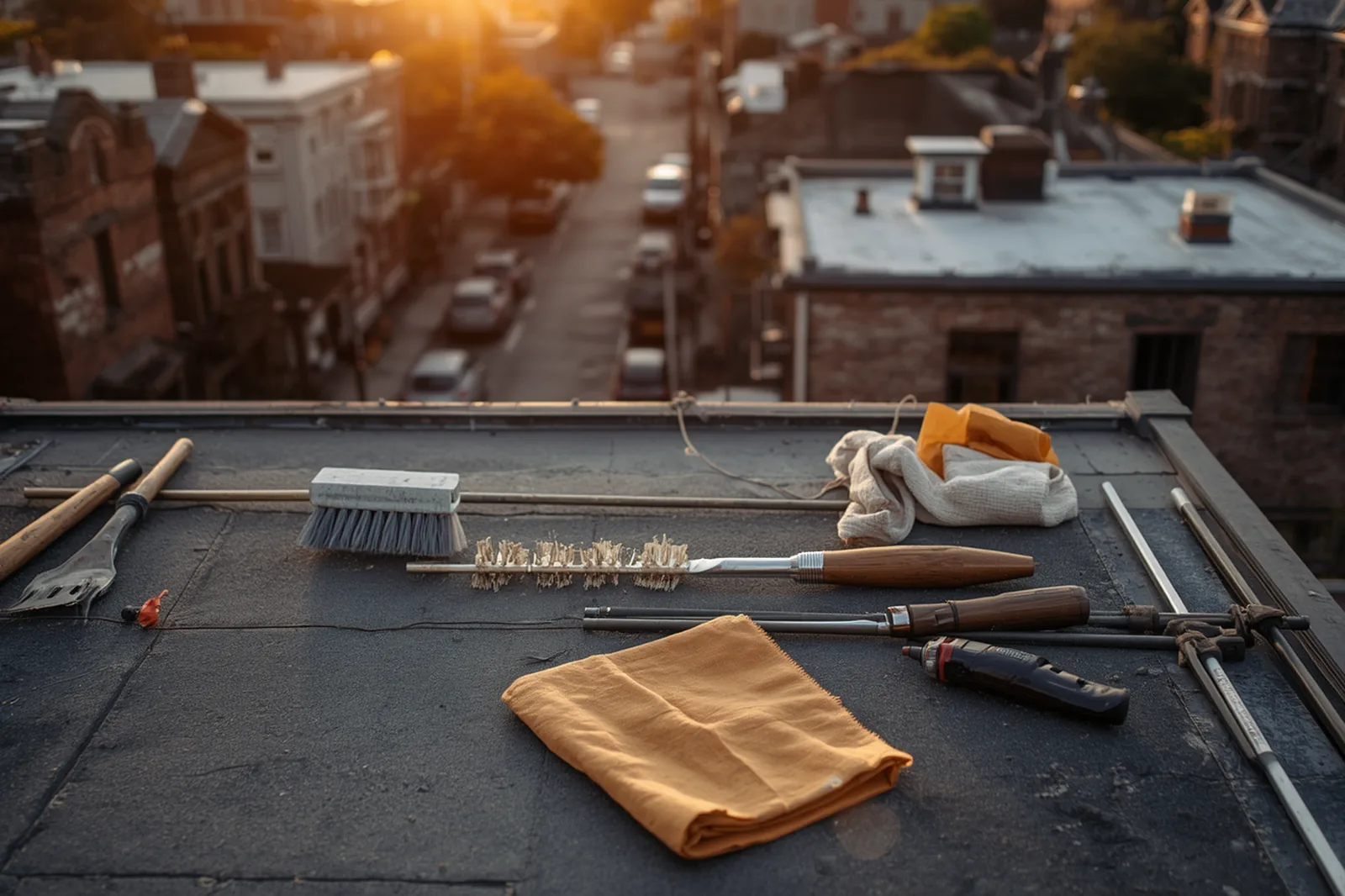 Chimney tools laid out on a Crown Heights, Brooklyn rooftop