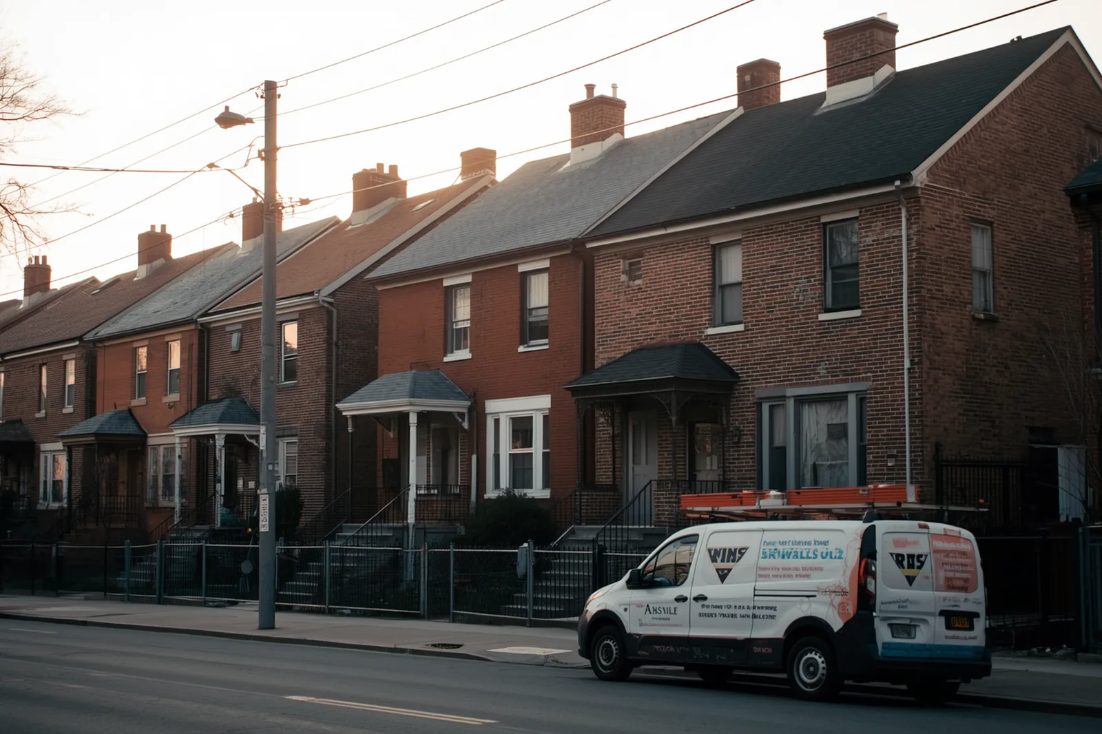 Attached brick houses rooflines and chimneys in Brownsville, Brooklyn