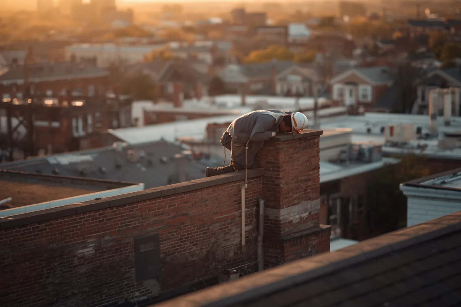 Technician inspecting a brick house exterior in Brownsville, Brooklyn