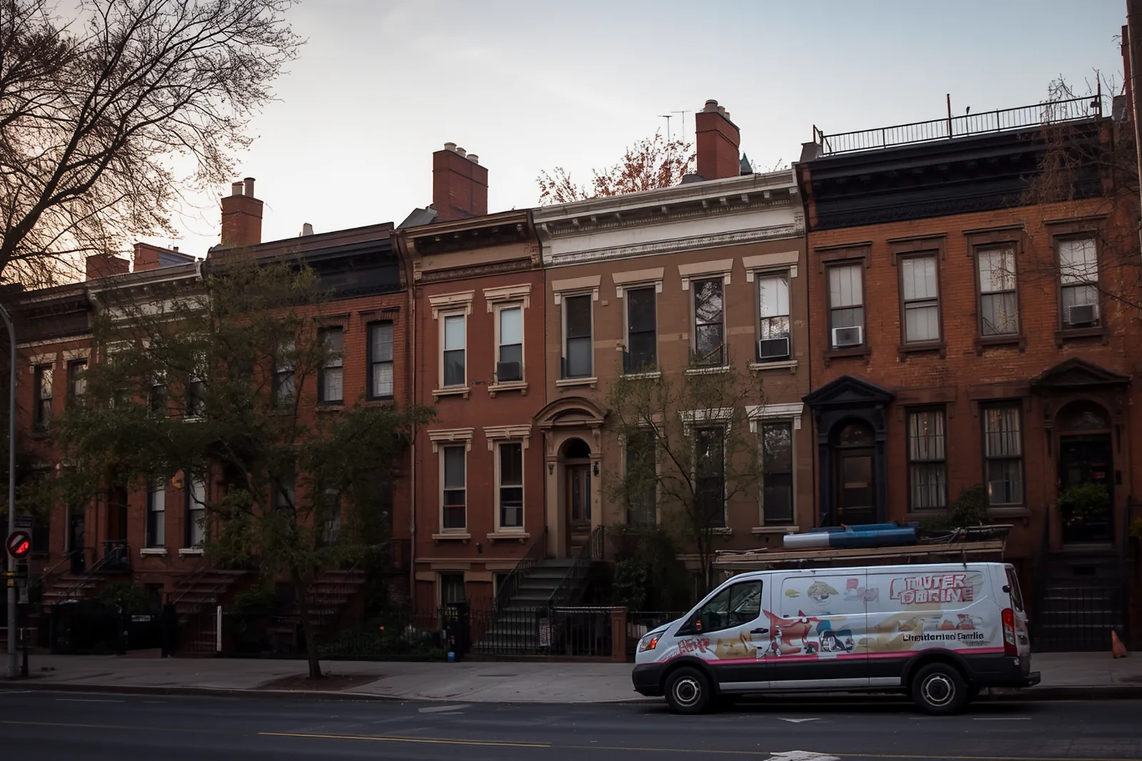 Brownstone rowhouses rooflines and chimneys in Clinton Hill, Brooklyn