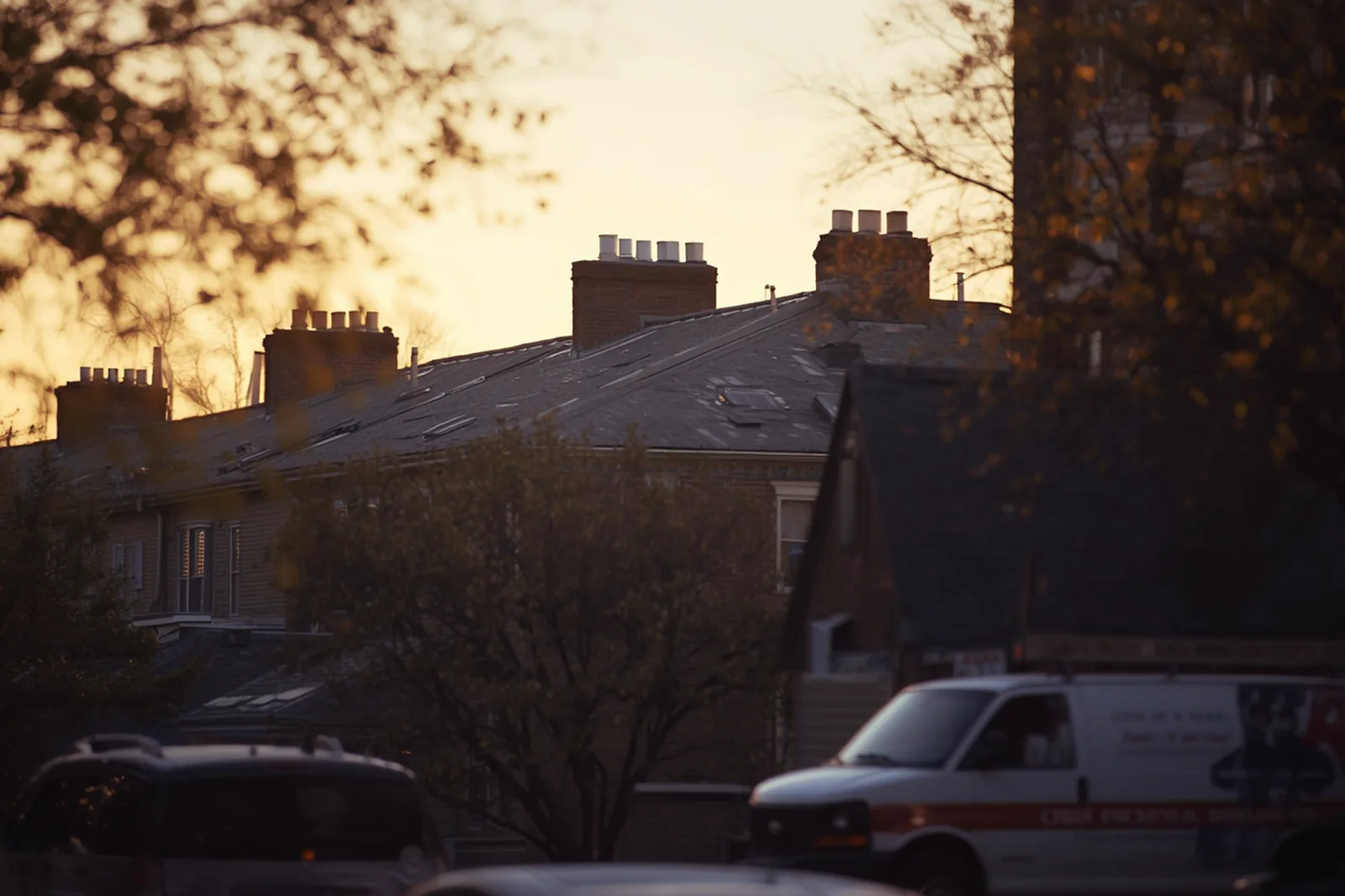 Pre-war apartment buildings rooflines and chimneys in Flatbush, Brooklyn