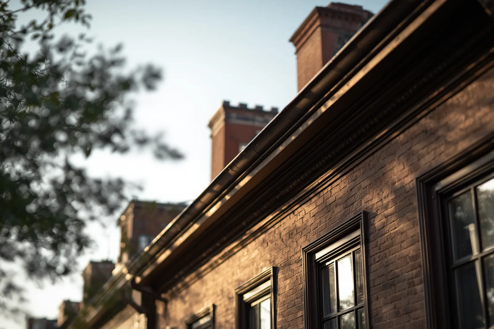Cornice, parapet and chimney detail on a brownstone rowhouse in Prospect Heights, Brooklyn