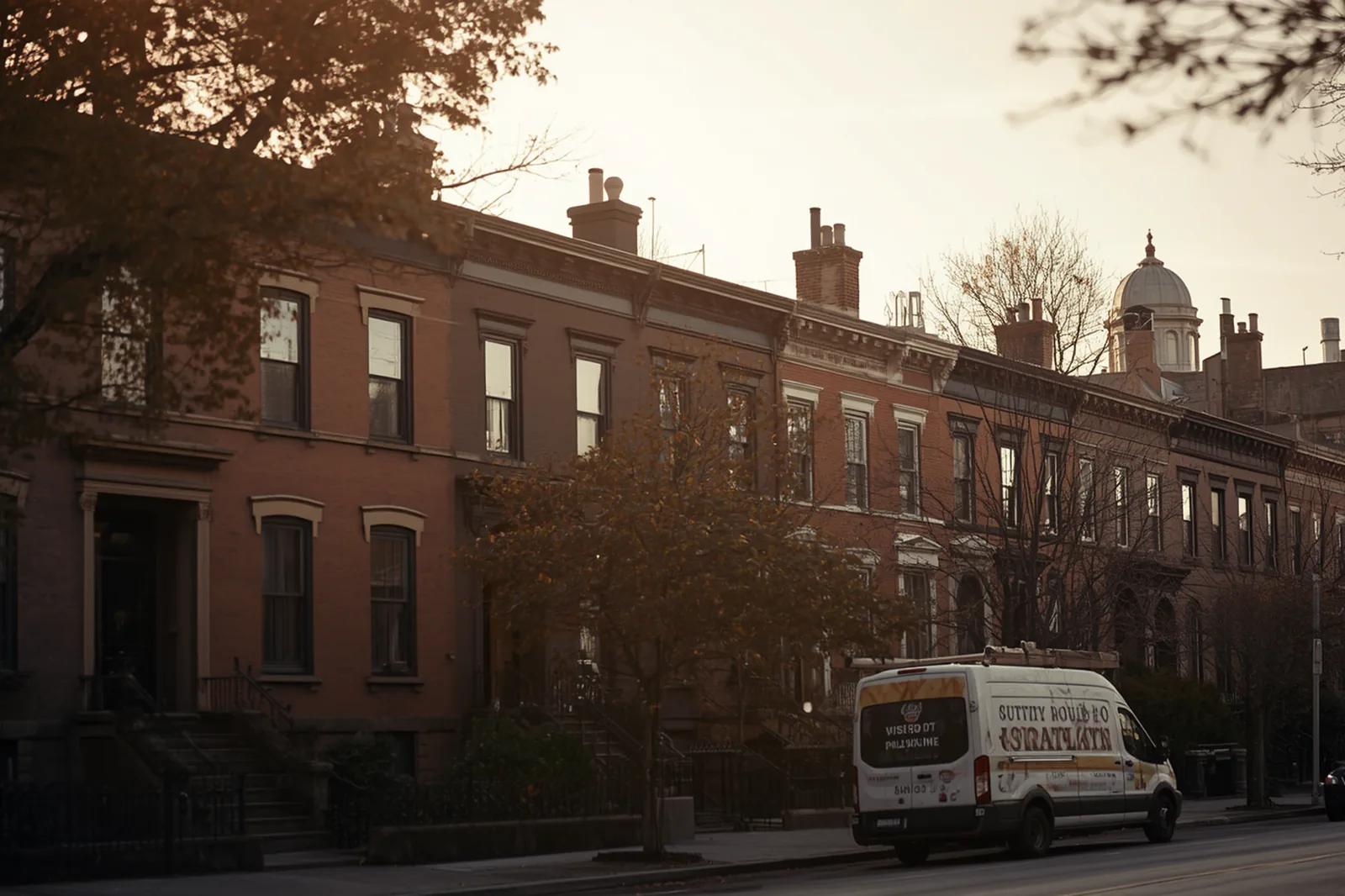 Brownstone rowhouses rooflines and chimneys in Prospect Heights, Brooklyn