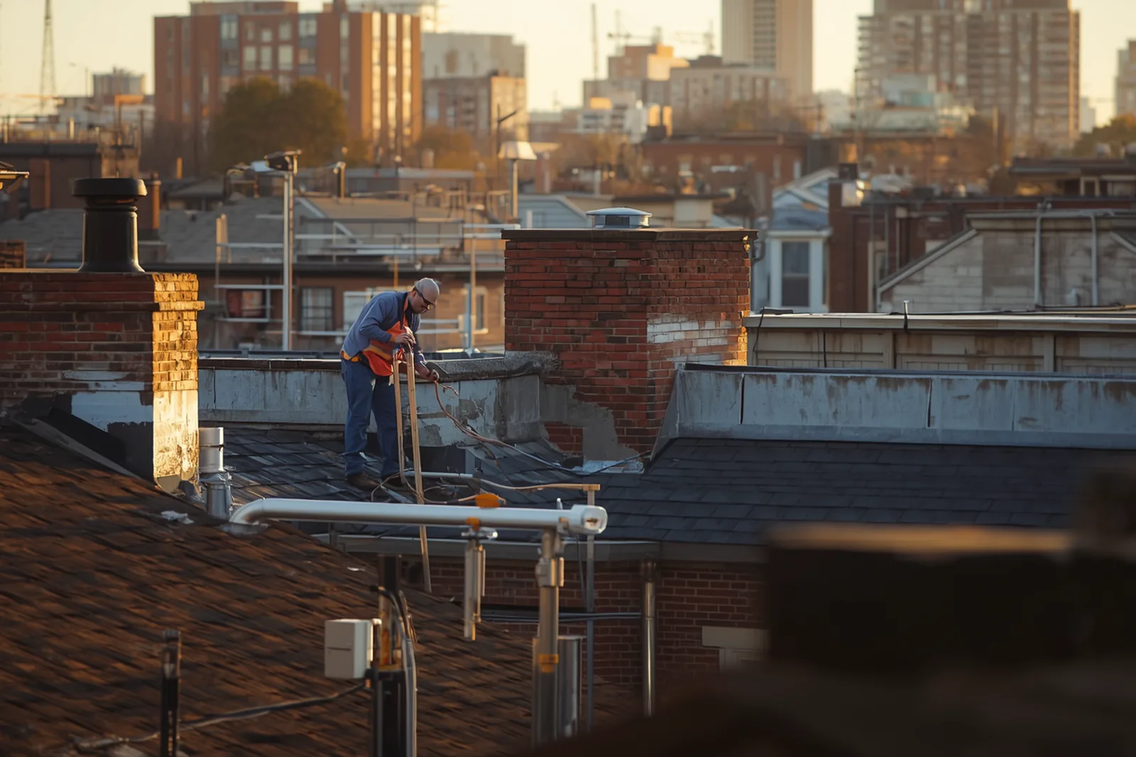 Technician inspecting a brownstone rowhouse exterior in Prospect Heights, Brooklyn