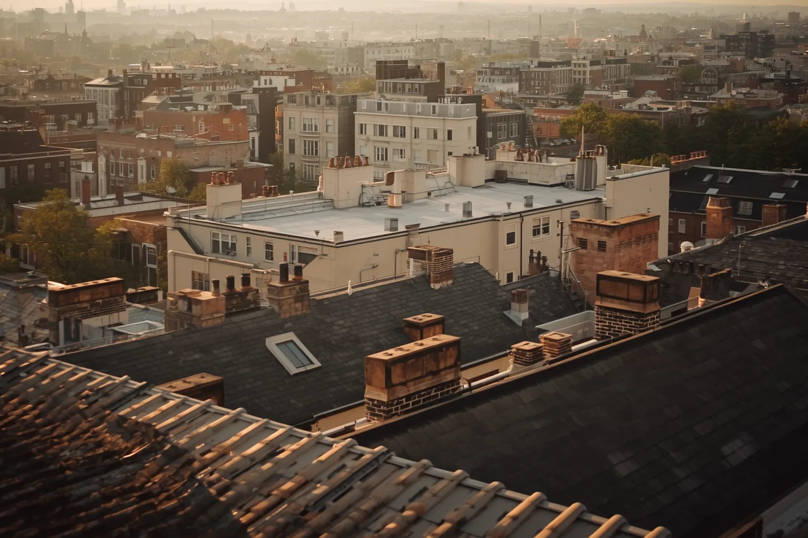 Rooftops and chimneys across Crown Heights, Brooklyn and nearby areas