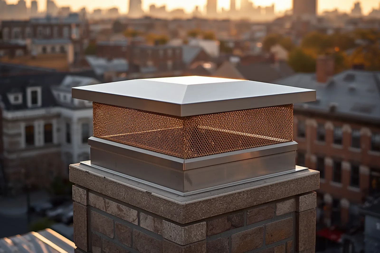 Finished chimney cap installation detail on a limestone rowhouse in Crown Heights, Brooklyn