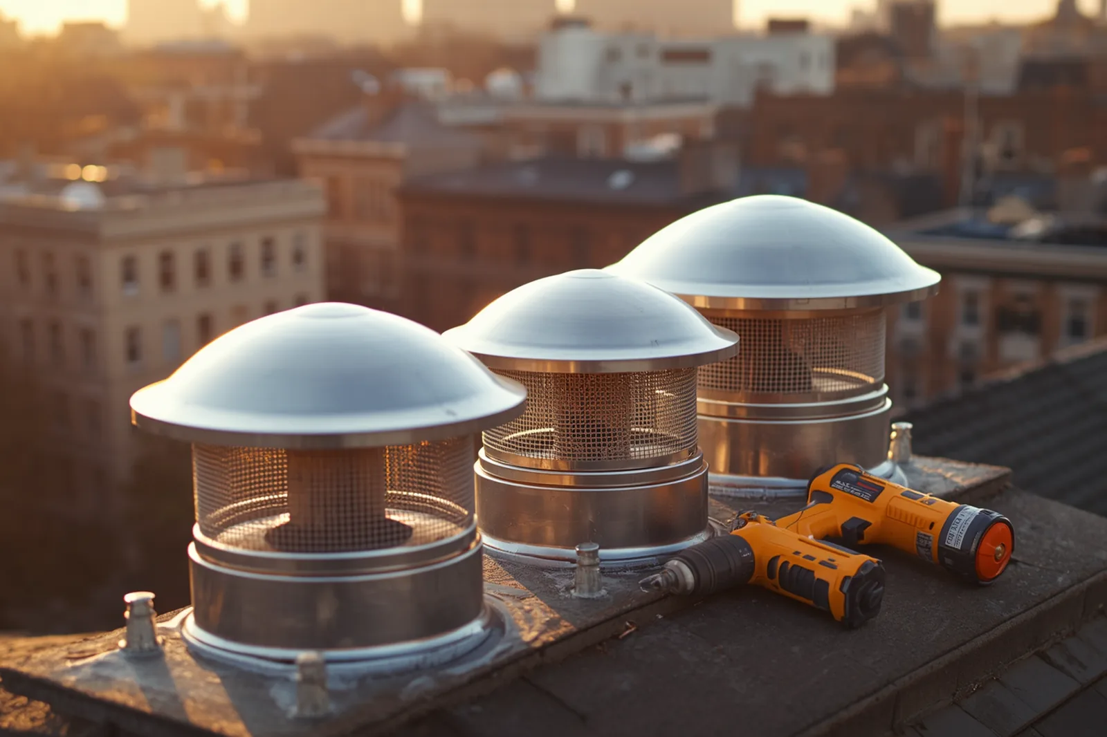 Materials and tools for chimney cap installation laid out on a Crown Heights, Brooklyn rooftop