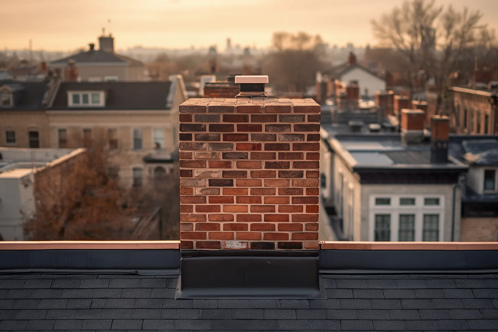 After: chimney flashing repair completed on a limestone rowhouse in Crown Heights, Brooklyn