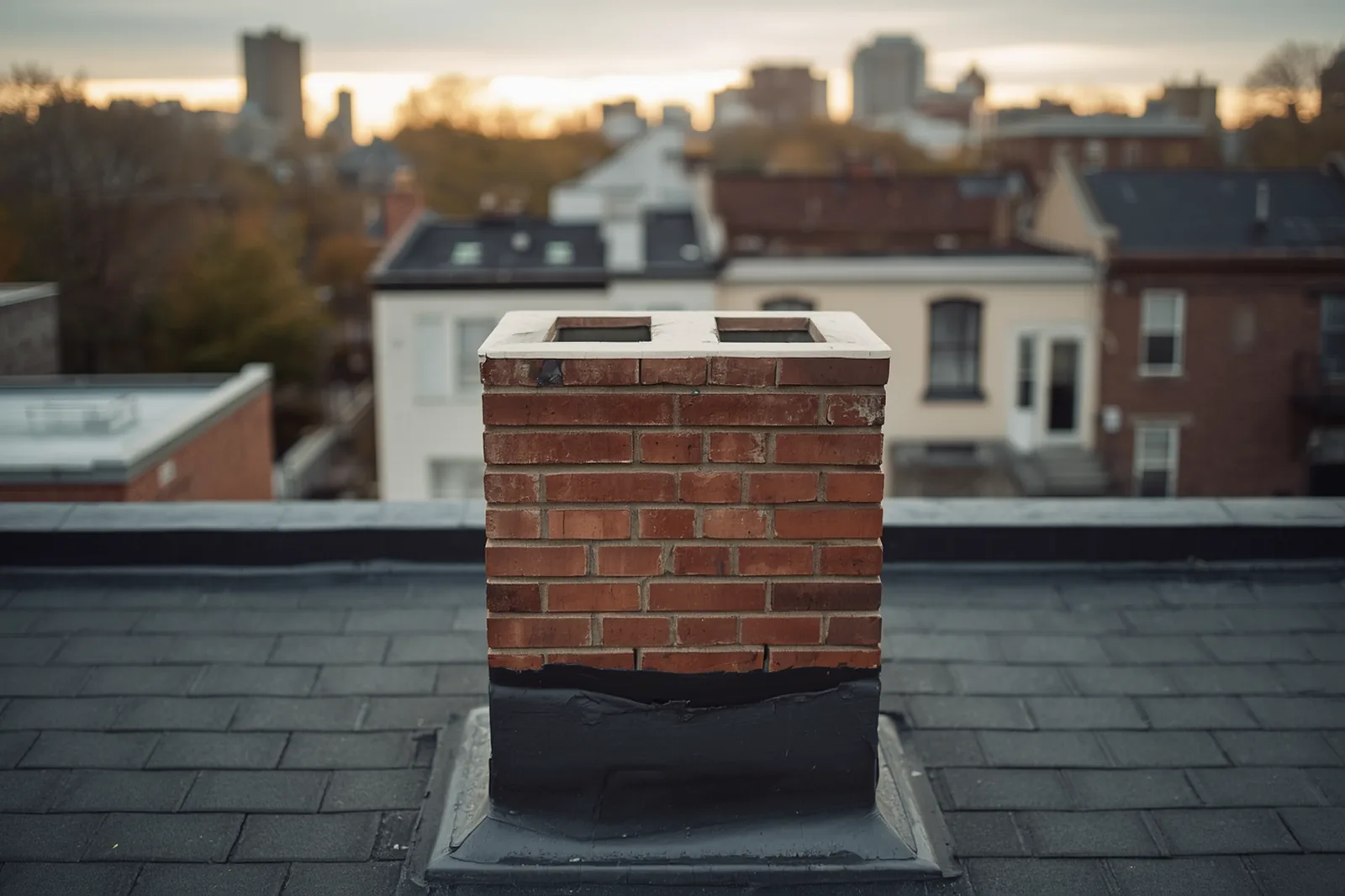 Before: chimney flashing repair needed on a limestone rowhouse in Crown Heights, Brooklyn