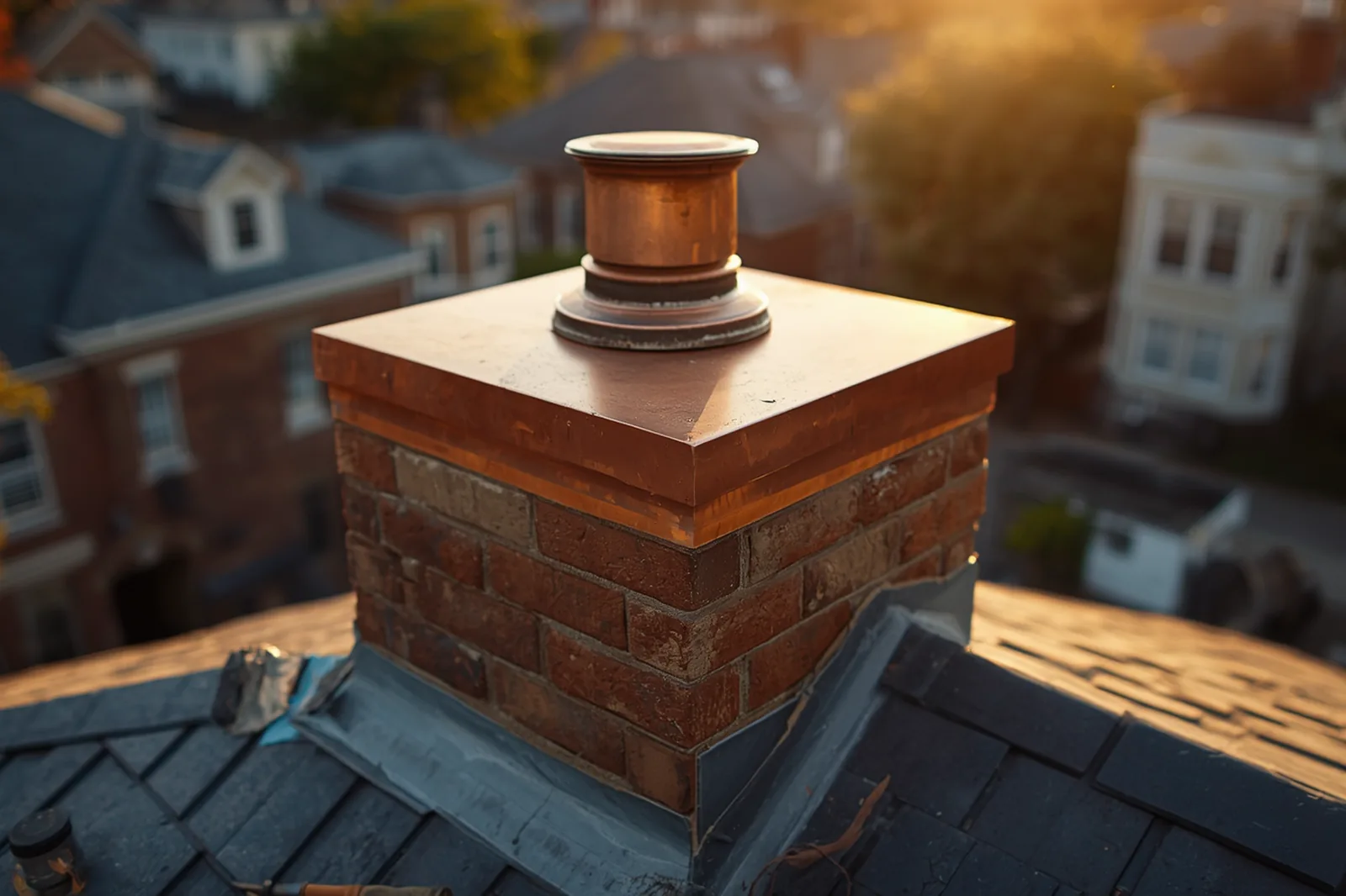 Chimney flashing repair in progress on a limestone rowhouse in Crown Heights, Brooklyn