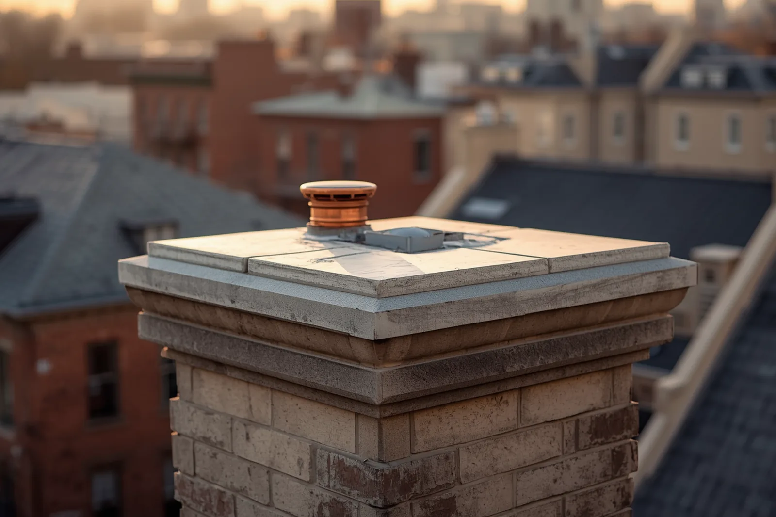 Finished chimney flashing repair detail on a limestone rowhouse in Crown Heights, Brooklyn