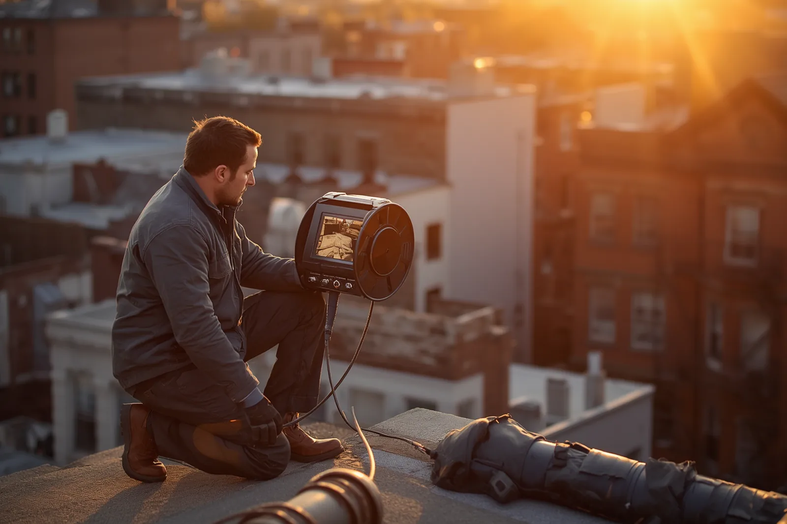Chimney inspection in progress on a limestone rowhouse in Crown Heights, Brooklyn