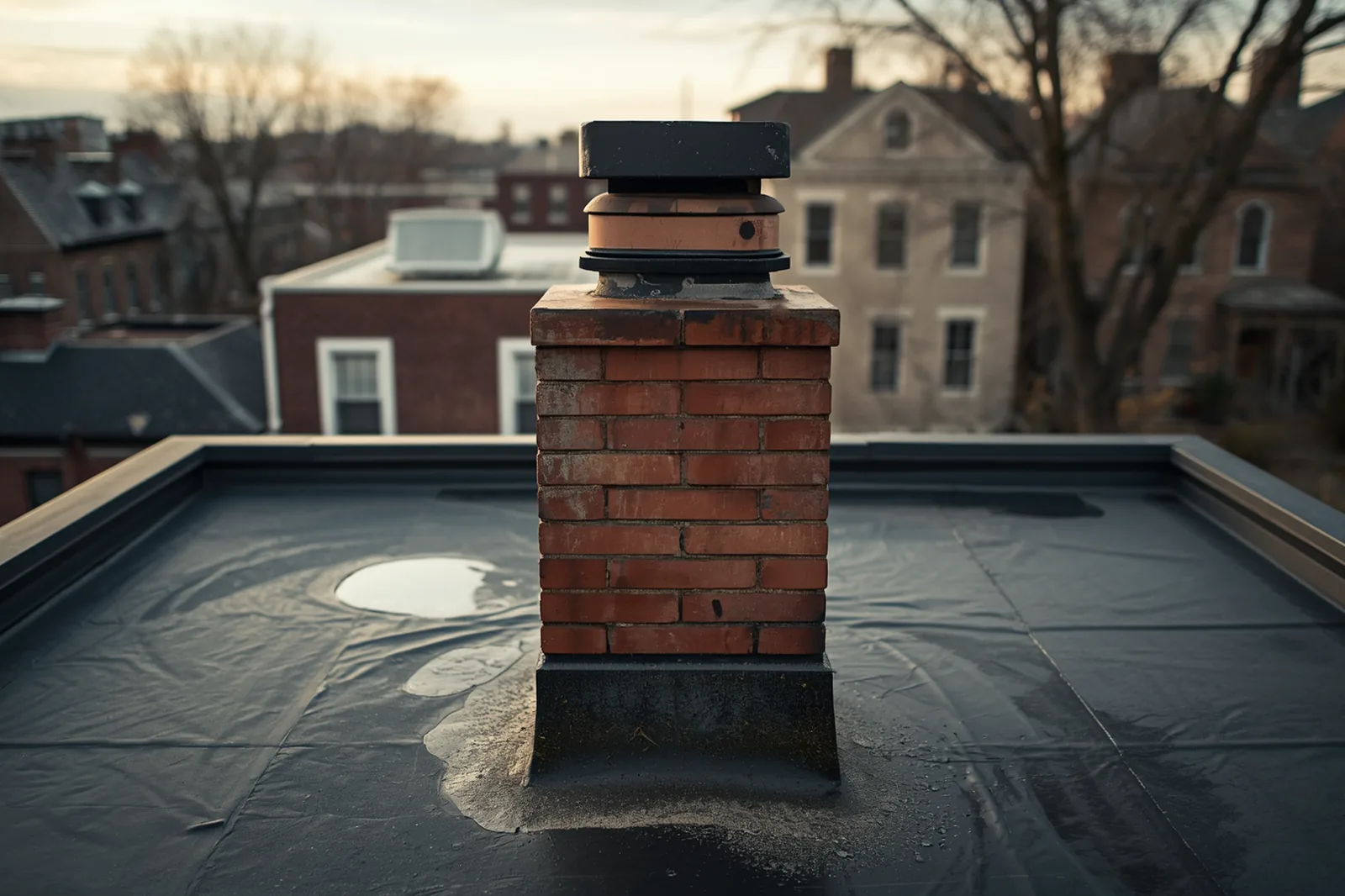 Before: chimney leak repair needed on a limestone rowhouse in Crown Heights, Brooklyn