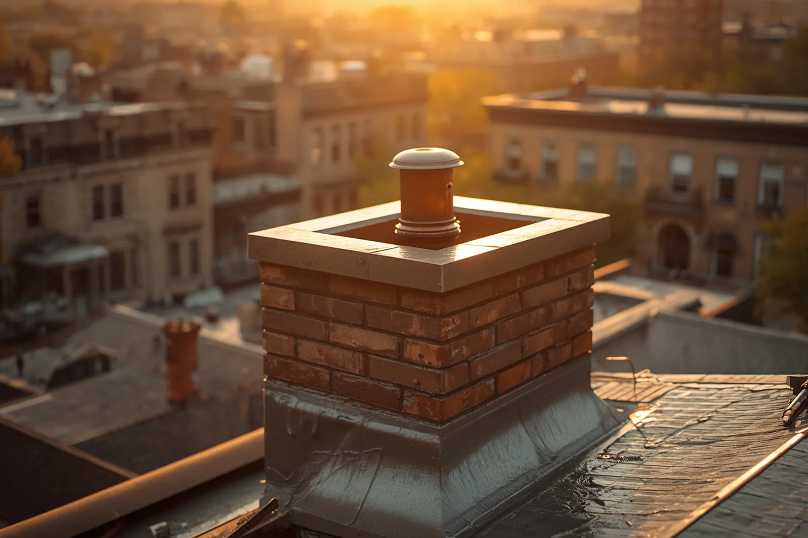 Chimney leak repair in progress on a limestone rowhouse in Crown Heights, Brooklyn