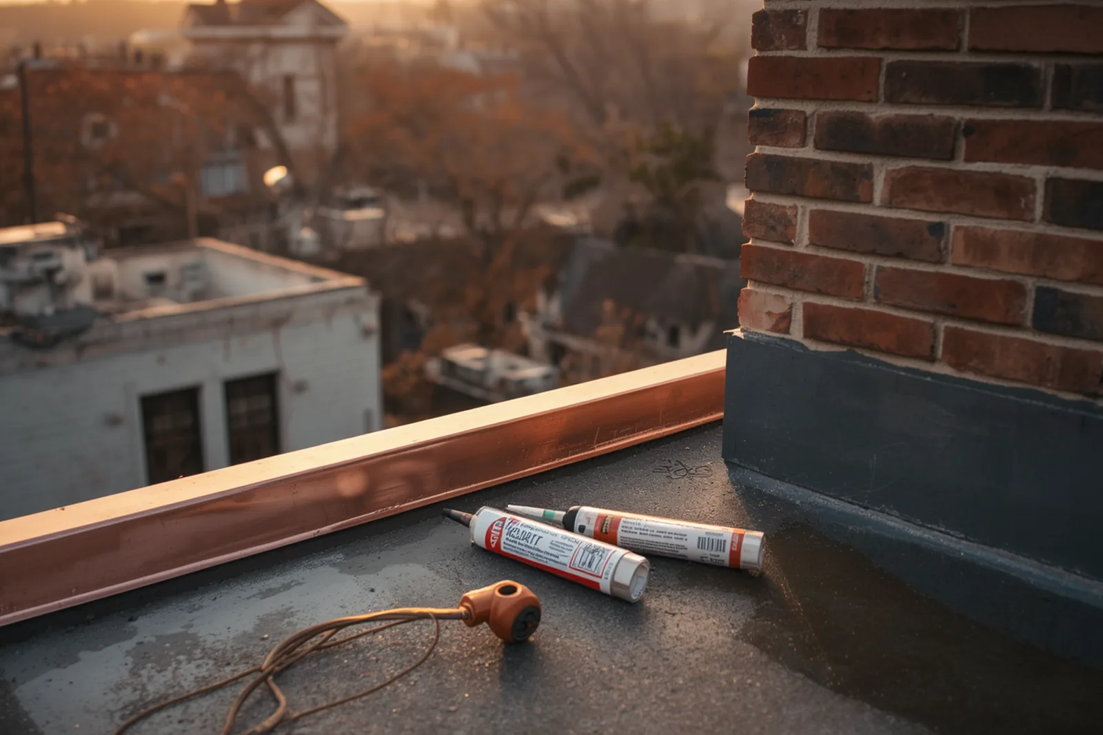 Materials and tools for chimney leak repair laid out on a Crown Heights, Brooklyn rooftop