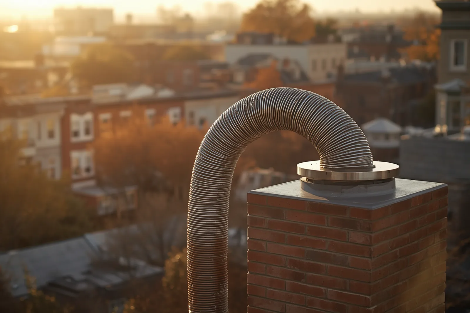 Chimney liner installation in progress on a limestone rowhouse in Crown Heights, Brooklyn