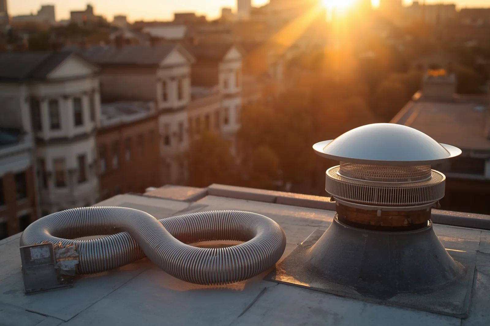 Materials and tools for chimney liner installation laid out on a Crown Heights, Brooklyn rooftop