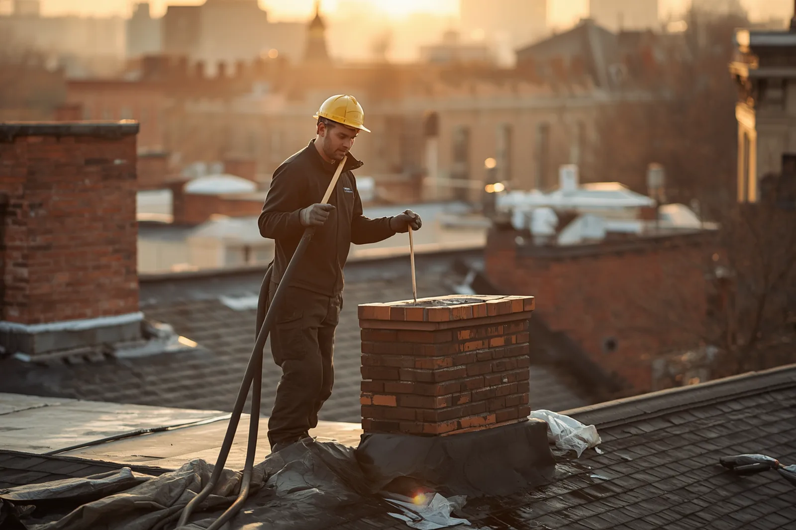 Chimney sweep in progress on a limestone rowhouse in Crown Heights, Brooklyn