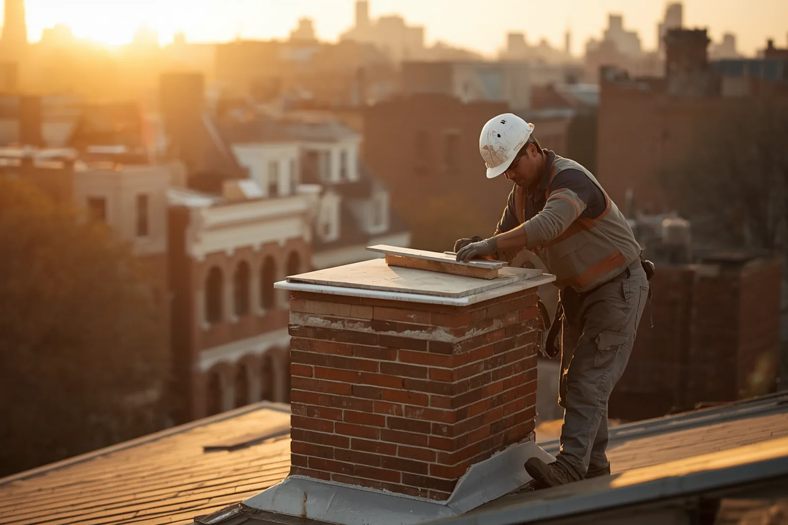 Chimney tuckpointing in progress on a limestone rowhouse in Crown Heights, Brooklyn